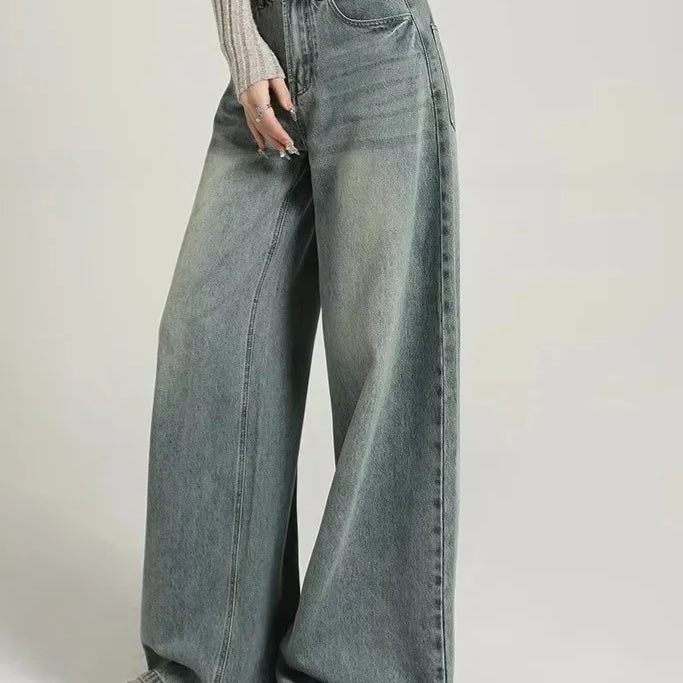 Grijze wide leg jeans dames – high waist spijkerbroek met stoere washed look
