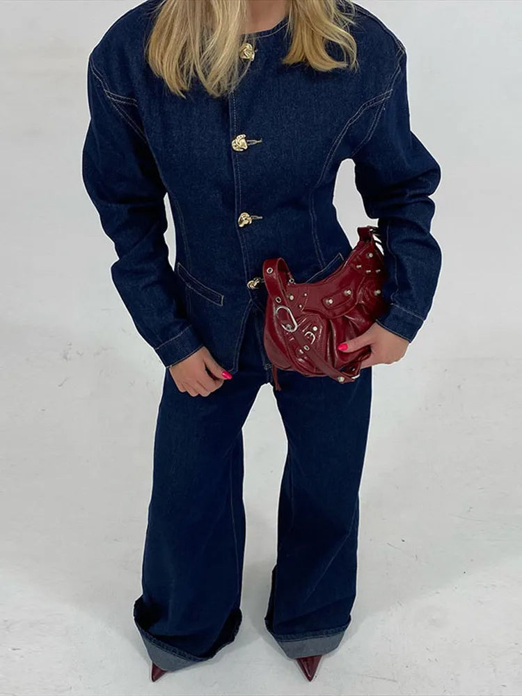 Dames-Denim-Set – Elegante Taillierte Jeansjack & High-Waist Wide-Leg Broek