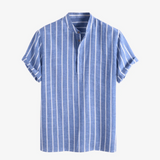 Thomas | Blauw gestreept heren zomer Henley linnen shirt