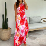 Plissé One-Shoulder Jurk met Bloemenpatroon – Elegant & Vrouwelijk