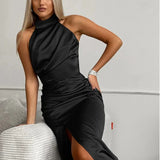 Ylva | Elegante Satin Halterjurk met Beenopening