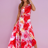 Plissé One-Shoulder Jurk met Bloemenpatroon – Elegant & Vrouwelijk