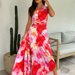 Plissé One-Shoulder Jurk met Bloemenpatroon – Elegant & Vrouwelijk