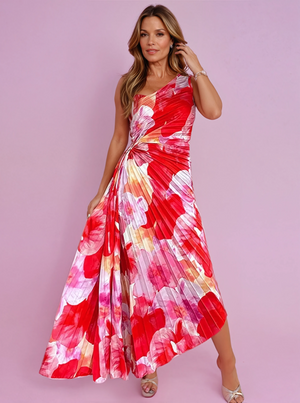 Plissé One-Shoulder Jurk met Bloemenpatroon – Elegant & Vrouwelijk