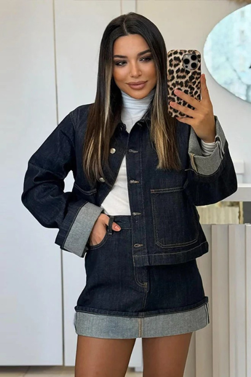 Dames-Denim-Set – Cropped Jeansjack & High-Waist Minirok met Omslag