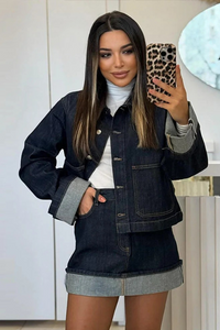 Dames-Denim-Set – Cropped Jeansjacke & High-Waist Minirok met Omslag