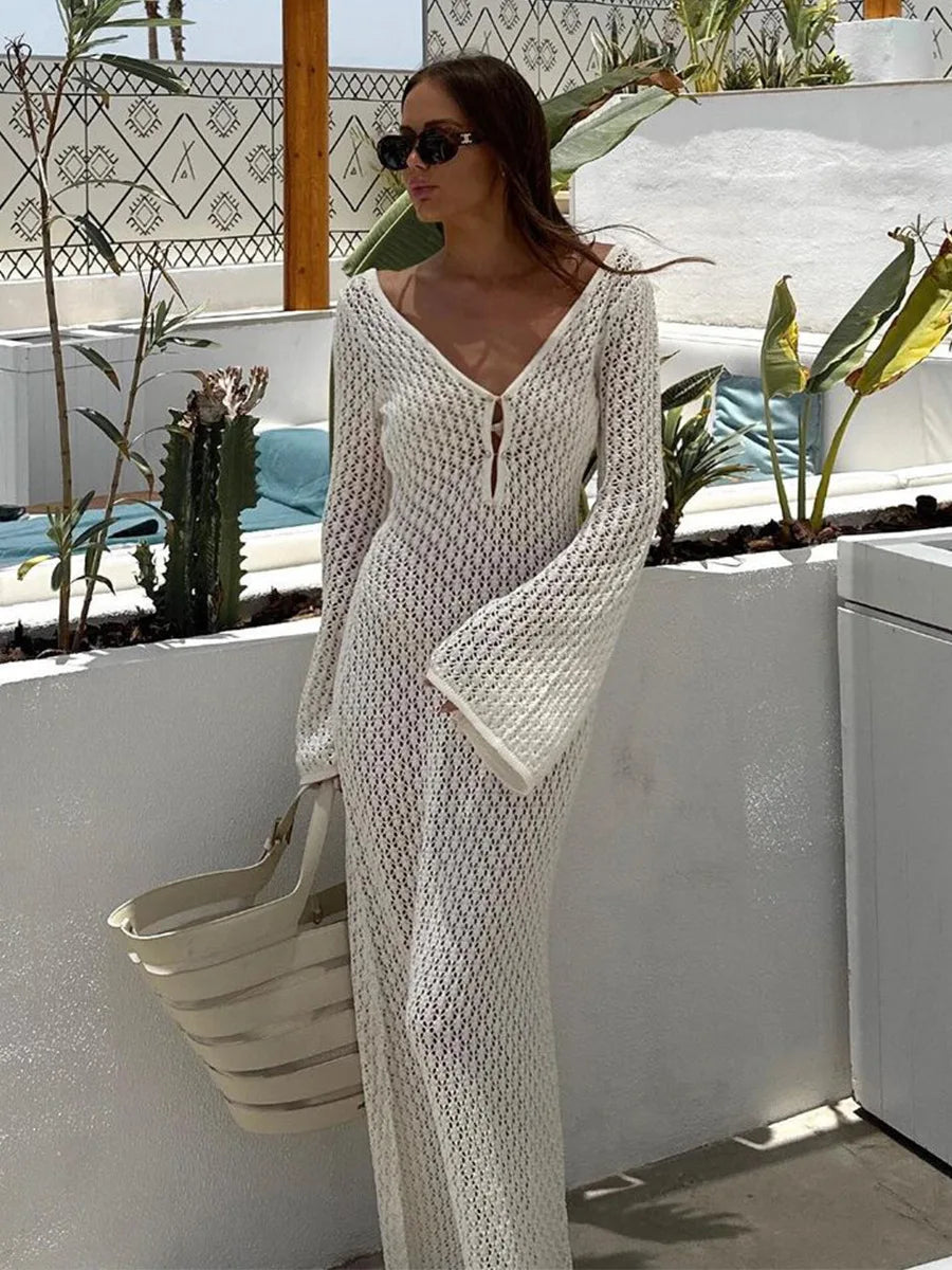 Maxi-jurk in haaklook met diepe halslijn en lange mouwen