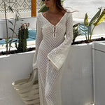 Maxi-jurk in haaklook met diepe halslijn en lange mouwen