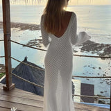 Maxi-jurk in haaklook met diepe halslijn en lange mouwen