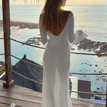 Maxi-jurk in haaklook met diepe halslijn en lange mouwen