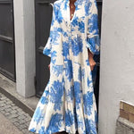 Maxi-jurk met print, volantmouwen & staande kraag – Stijlvol & Luchtig