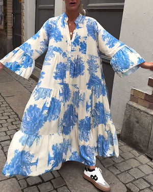 Maxi-jurk met print, volantmouwen & staande kraag – Stijlvol & Luchtig