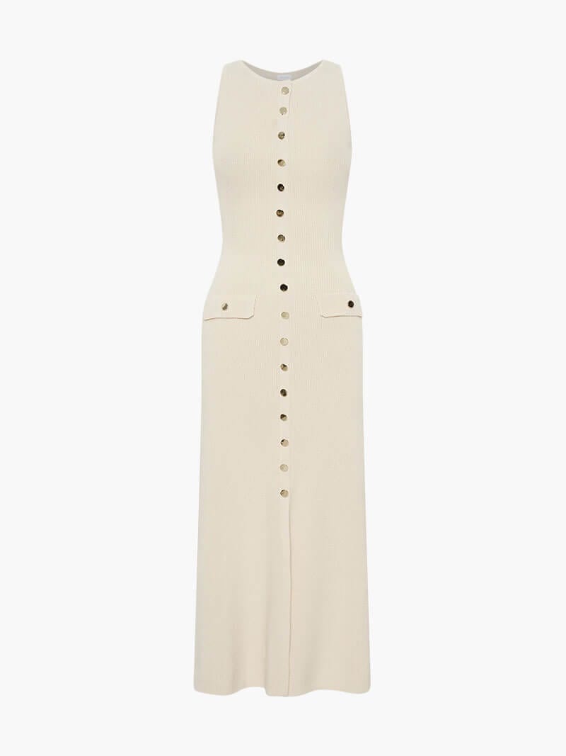 Rosamund | Elegante Knopdetail Mouwloze Maxijurk – Tijdloze Klasse & Raffinement