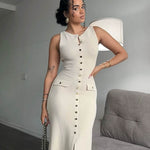 Rosamund | Elegante Knopdetail Mouwloze Maxijurk – Tijdloze Klasse & Raffinement