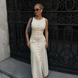 Rosamund | Elegante Knopdetail Mouwloze Maxijurk – Tijdloze Klasse & Raffinement