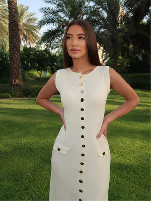 Rosamund | Elegante Knopdetail Mouwloze Maxijurk – Tijdloze Klasse & Raffinement