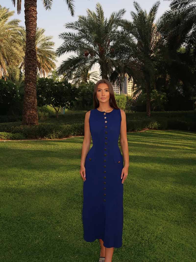 Rosamund | Elegante Knopdetail Mouwloze Maxijurk – Tijdloze Klasse & Raffinement