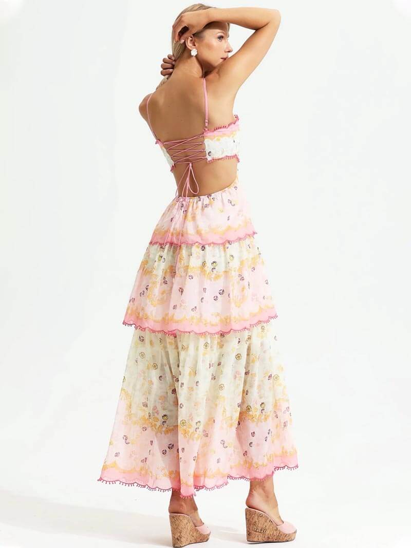 Odetta | Romantische Bloemen Maxidress met Rugkant-Details