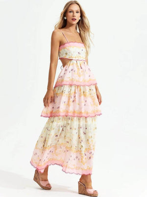 Odetta | Romantische Bloemen Maxidress met Rugkant-Details
