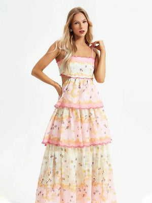 Odetta | Romantische Bloemen Maxidress met Rugkant-Details
