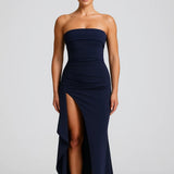 Elegante strapless lange avondjurk met split