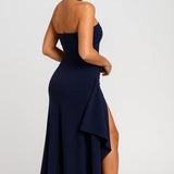 Elegante strapless lange avondjurk met split
