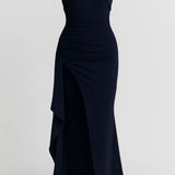 Elegante strapless lange avondjurk met split