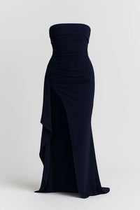 Elegante strapless lange avondjurk met split