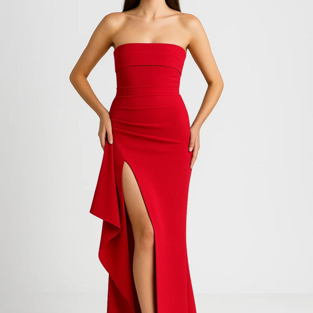 Elegante strapless lange avondjurk met split