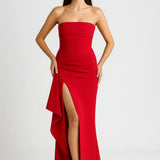 Elegante strapless lange avondjurk met split