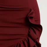Elegante strapless lange avondjurk met ruches en split
