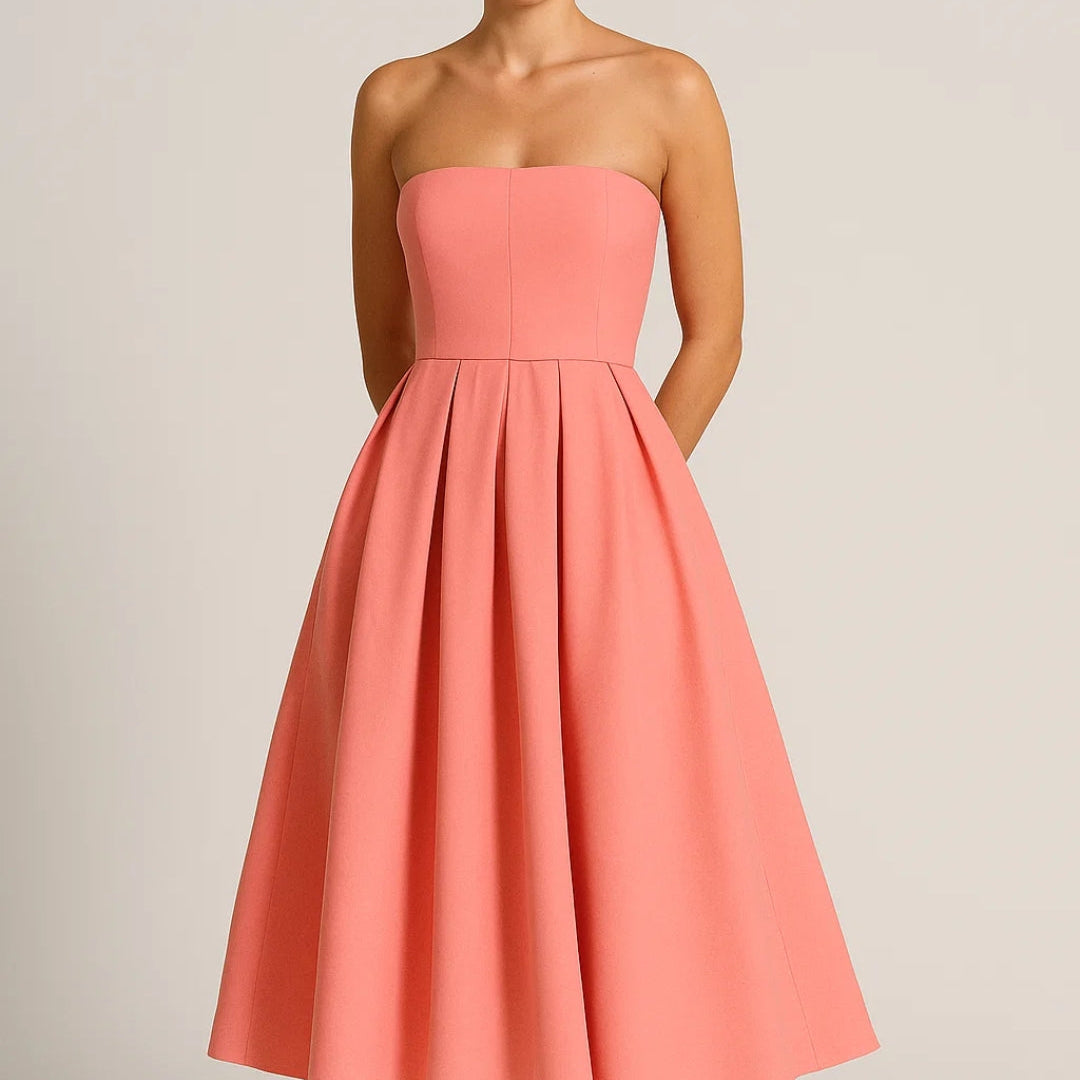 Strapless Midi Jurk met Uitlopende Rok en Elegante Pasvorm