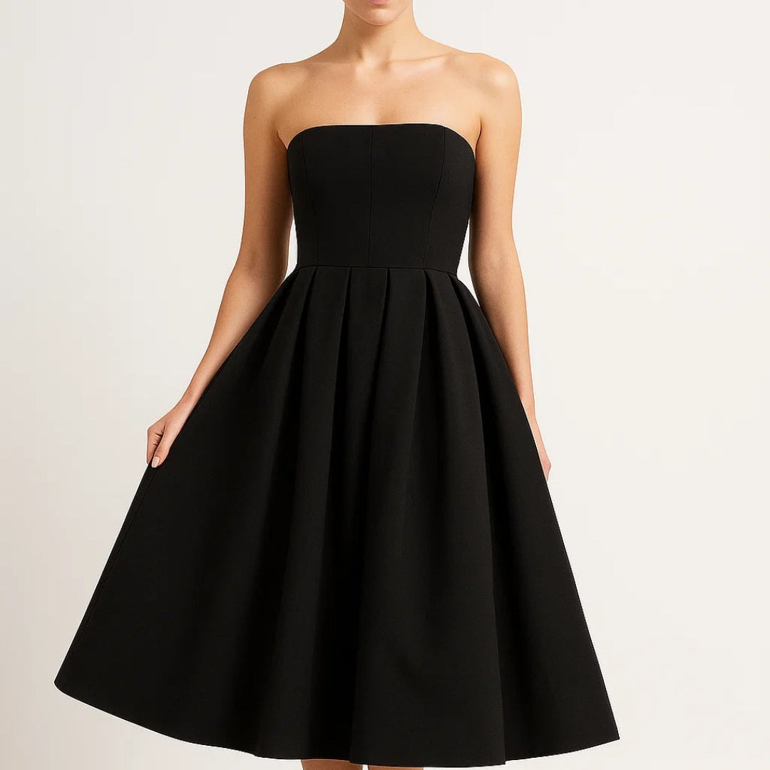 Strapless Midi Jurk met Uitlopende Rok en Elegante Pasvorm