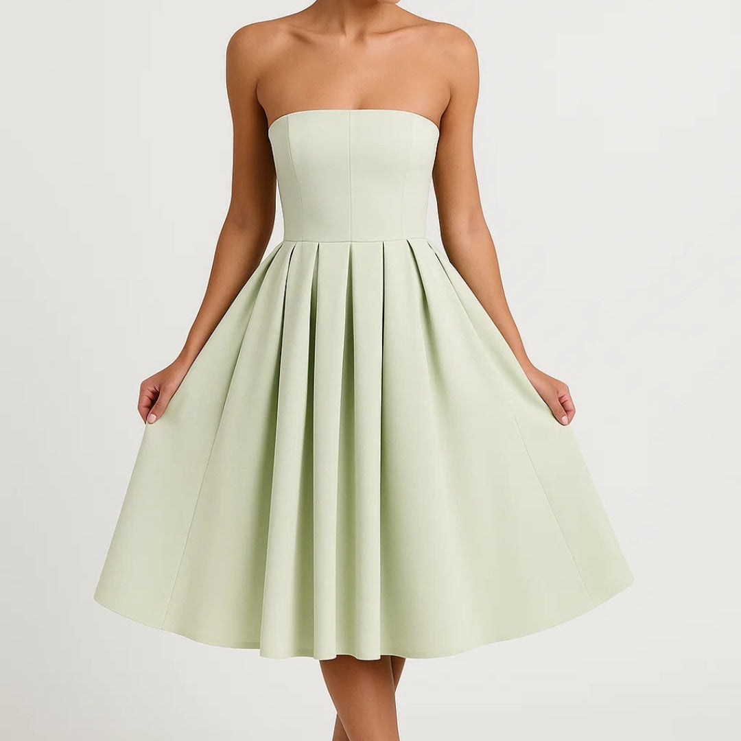 Strapless Midi Jurk met Uitlopende Rok en Elegante Pasvorm
