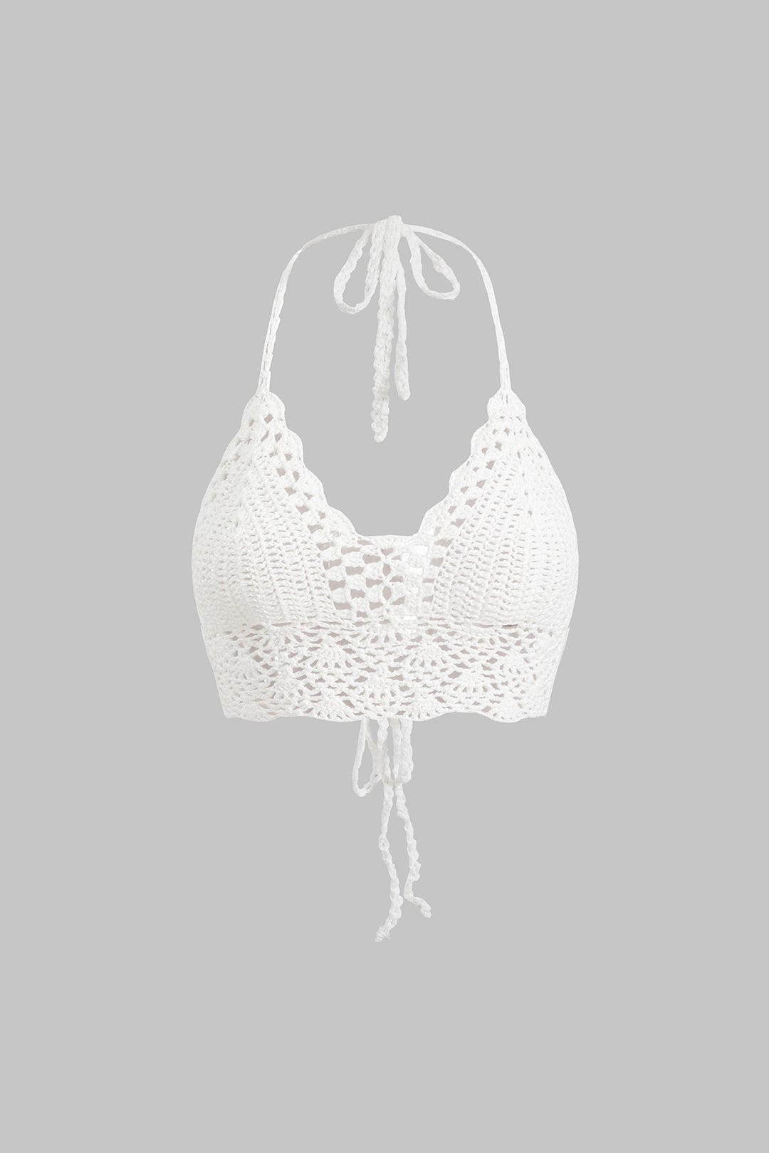 Nora | Witte Handgehaakte Boho-Crop-Top met Halter en Verstelbare Bindbanden