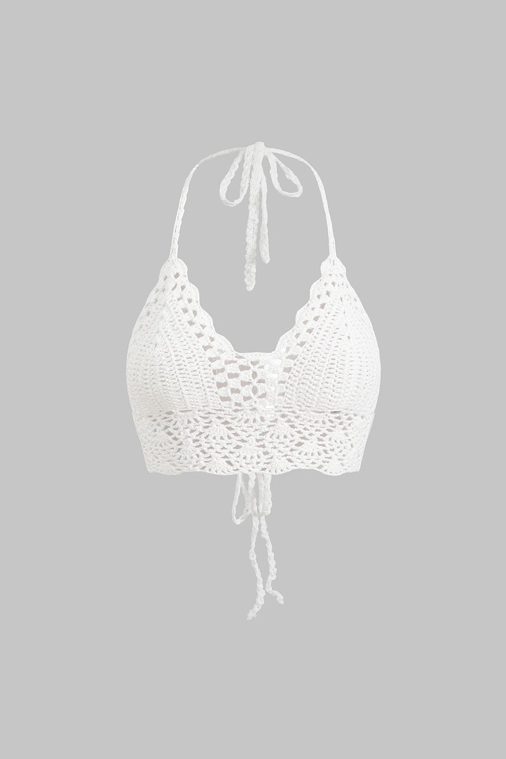 Nora | Witte Handgehaakte Boho-Crop-Top met Halter en Verstelbare Bindbanden