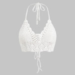 Nora | Witte Handgehaakte Boho-Crop-Top met Halter en Verstelbare Bindbanden