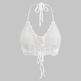 Nora | Witte Handgehaakte Boho-Crop-Top met Halter en Verstelbare Bindbanden