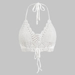 Nora | Witte Handgehaakte Boho-Crop-Top met Halter en Verstelbare Bindbanden