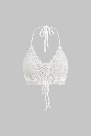 Nora | Witte Handgehaakte Boho-Crop-Top met Halter en Verstelbare Bindbanden