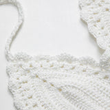 Nora | Witte Handgehaakte Boho-Crop-Top met Halter en Verstelbare Bindbanden