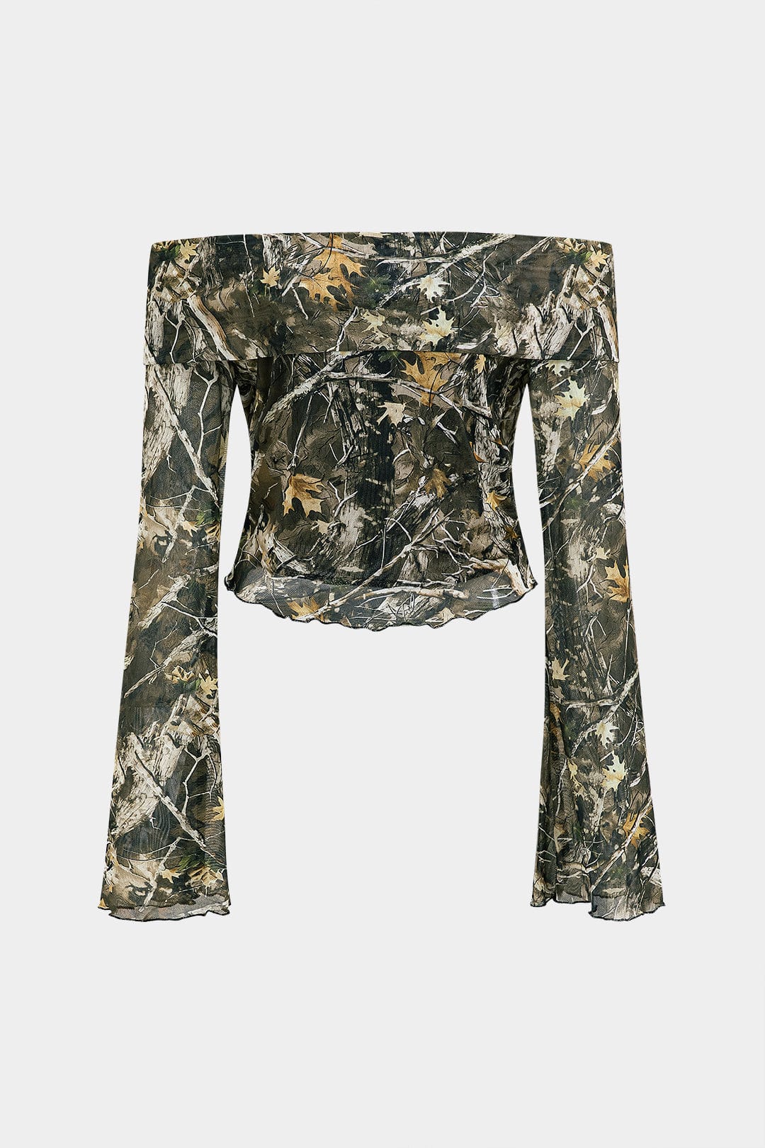 Anna | Off-Shoulder Mesh-Top met Camouflage-Print & Trompetenärmeln
