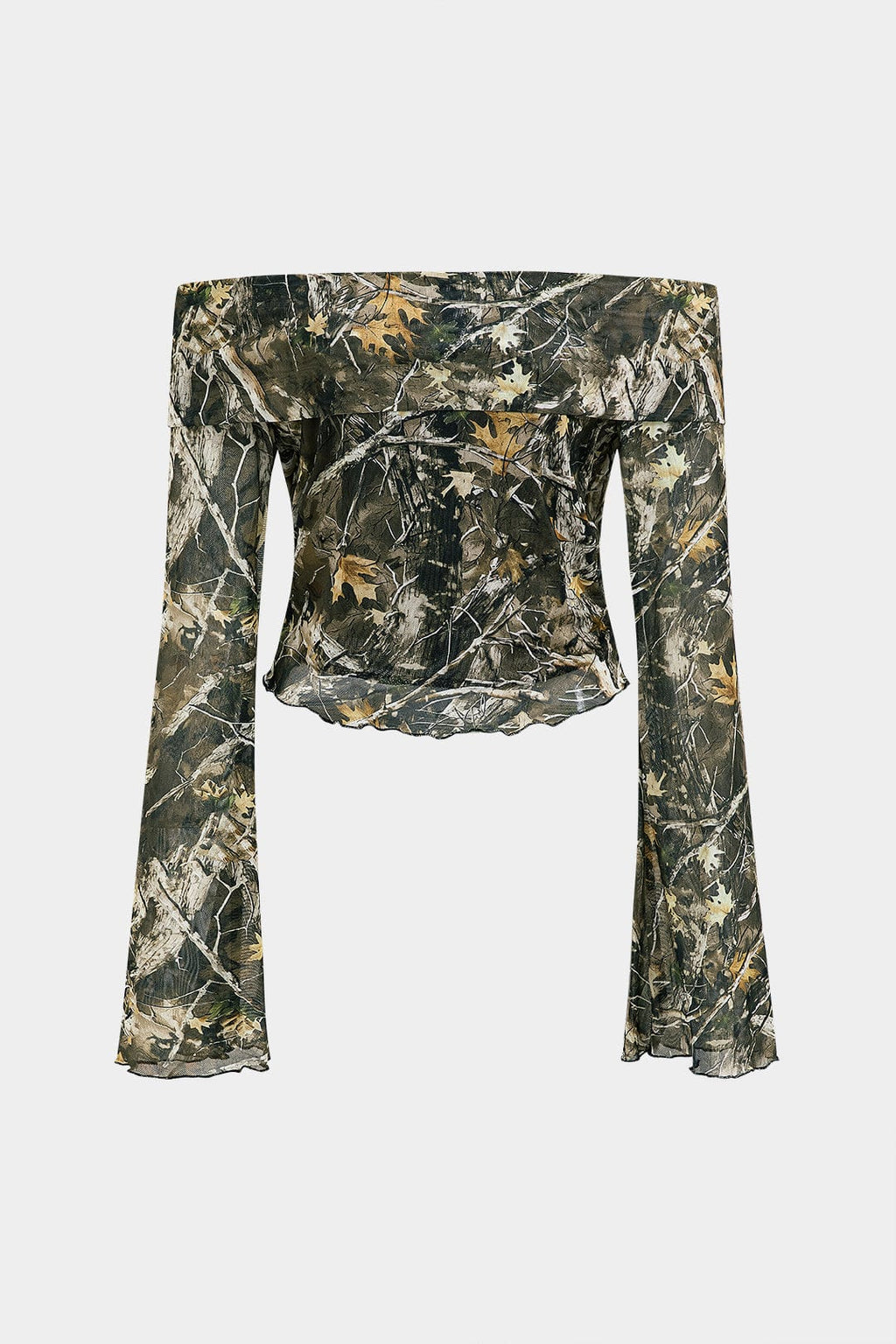 Anna | Off-Shoulder Mesh-Top met Camouflage-Print & Trompetenärmeln