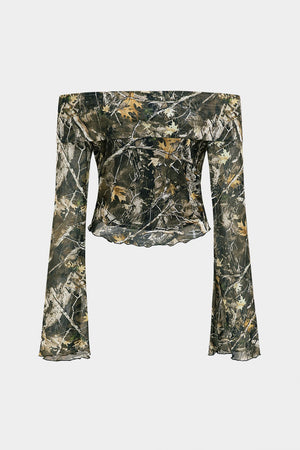 Anna | Off-Shoulder Mesh-Top met Camouflage-Print & Trompetenärmeln