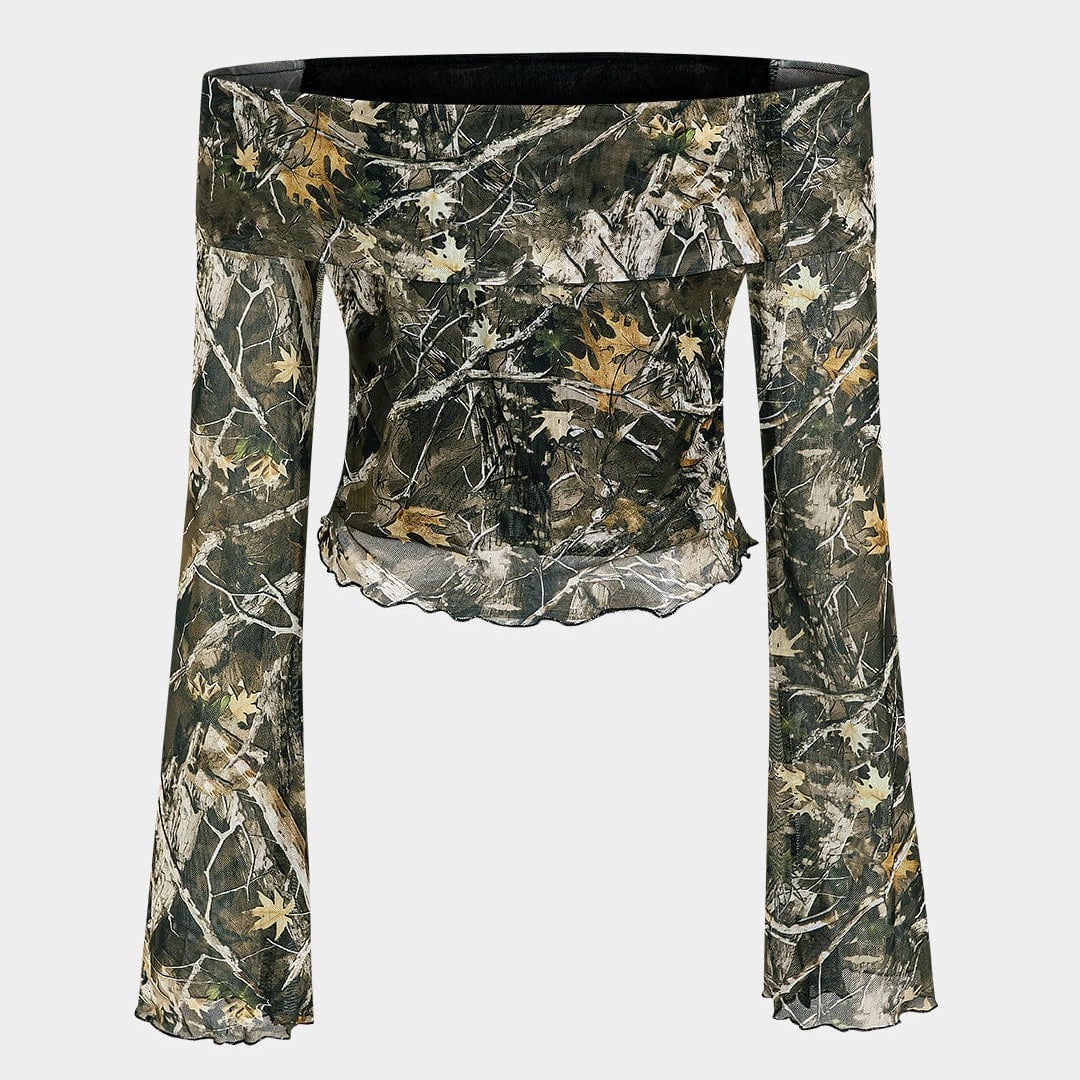 Anna | Off-Shoulder Mesh-Top met Camouflage-Print & Trompetenärmeln