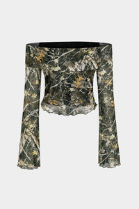 Anna | Off-Shoulder Mesh-Top met Camouflage-Print & Trompetenärmeln