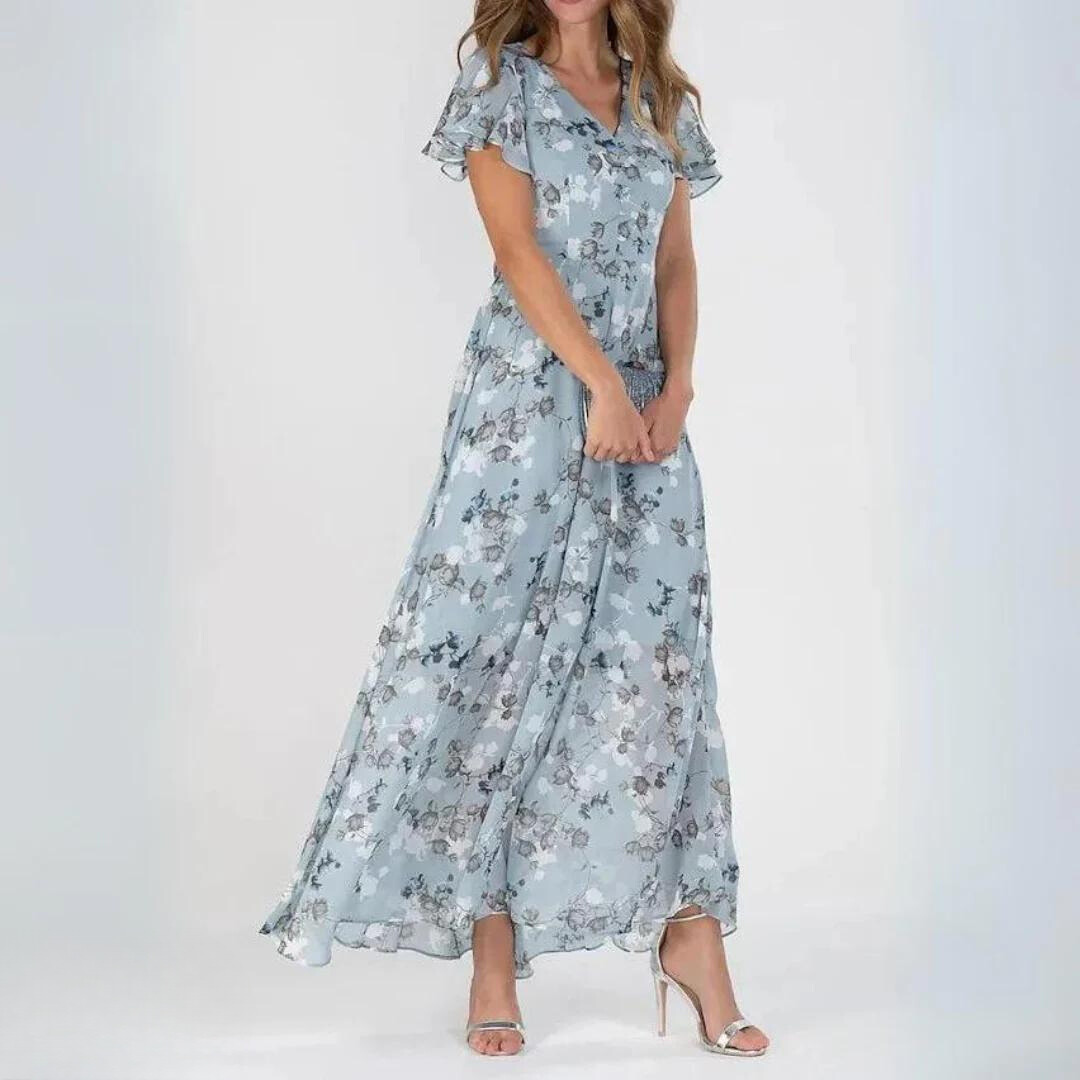 Chiffon Maxikleed met V-hals & bloemenpatroon – Elegant & Luchtig
