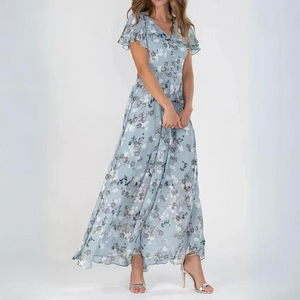 Chiffon Maxikleed met V-hals & bloemenpatroon – Elegant & Luchtig