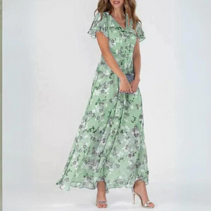 Chiffon Maxikleed met V-hals & bloemenpatroon – Elegant & Luchtig