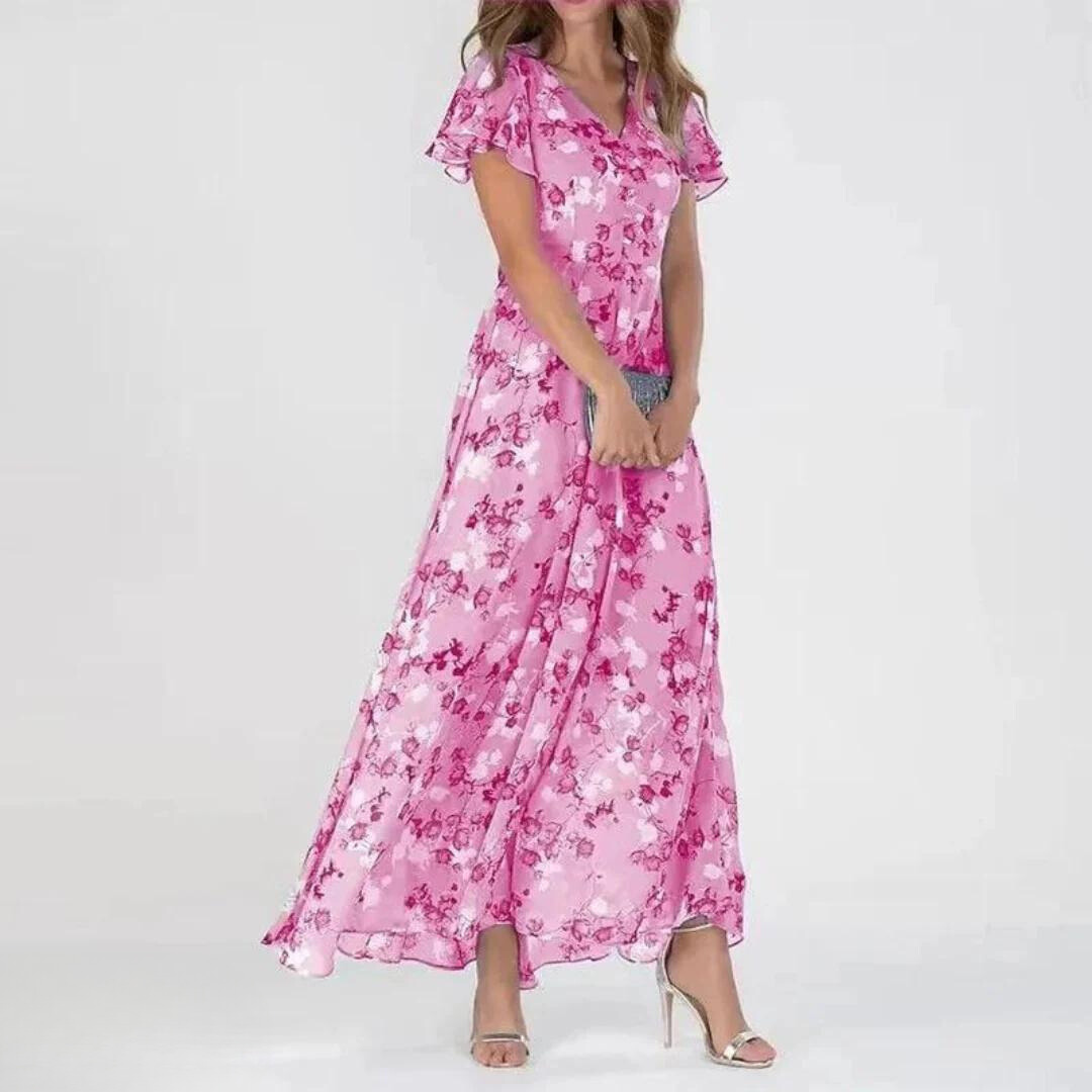 Chiffon Maxikleed met V-hals & bloemenpatroon – Elegant & Luchtig